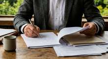 Persona revisando y firmando documentos sobre una mesa de madera, con una taza de café