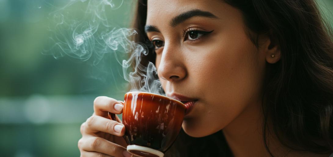 Mujer joven tomando una taza de café especial colombiano
