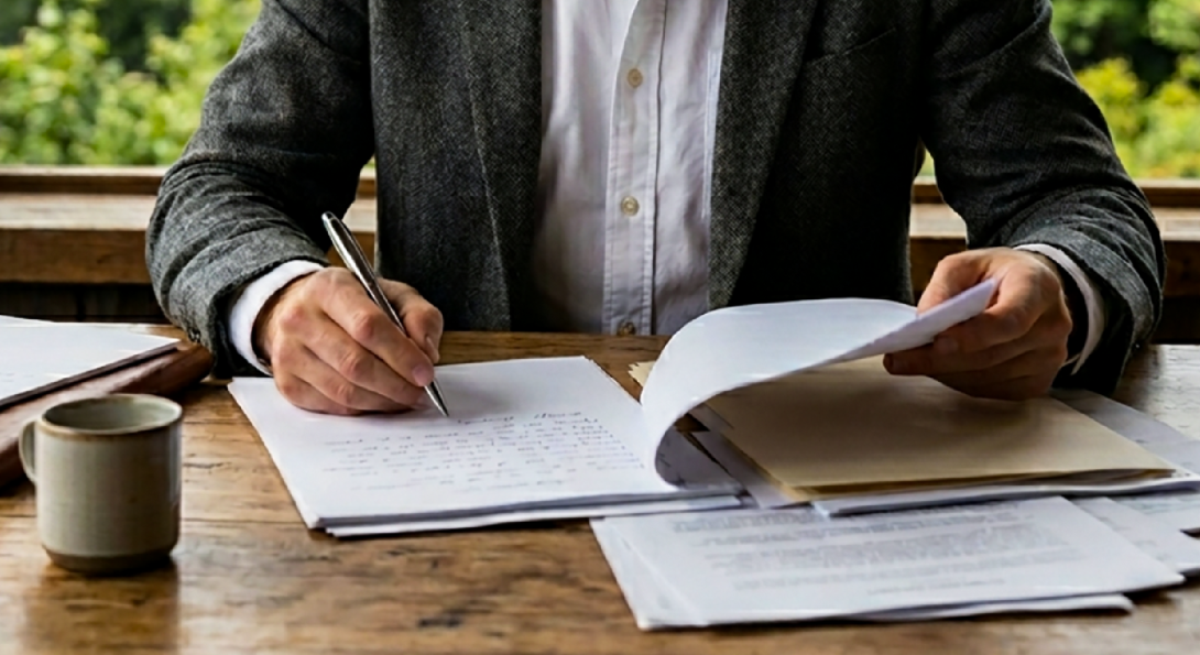 Persona revisando y firmando documentos sobre una mesa de madera, con una taza de café