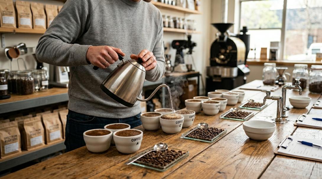 Mesa de análisis de calidad del café con muestras de granos, tazas de catación y una persona sirviendo agua caliente durante el proceso de evaluación sensorial.